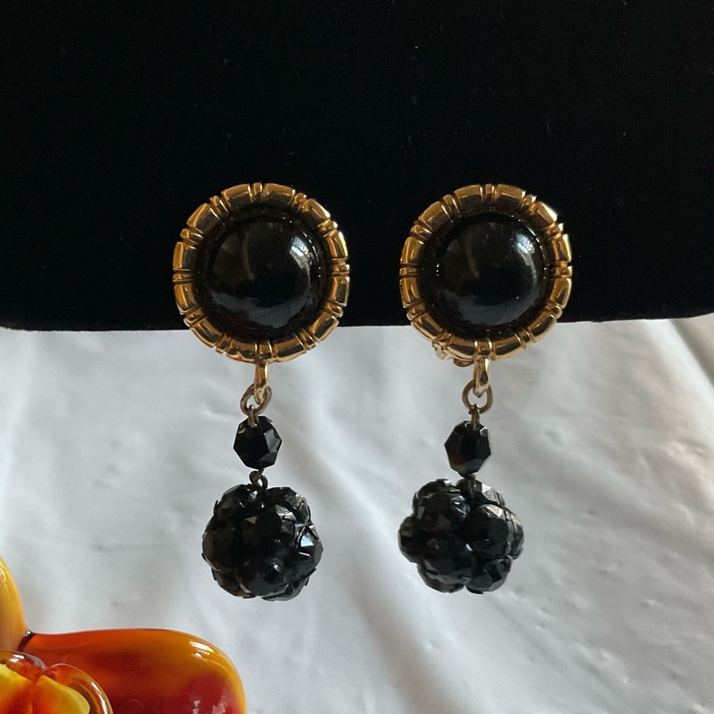 St.John Gold Tone with Black Cachulon Rhinestones Dangles Clip Earrings Vintage